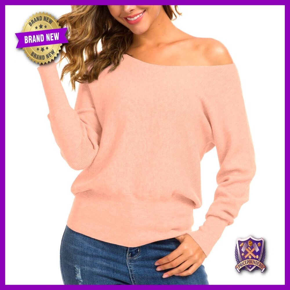 Off Shoulder Pullover Sweater Long Sleeve Loose Knit Jumper Lightweight